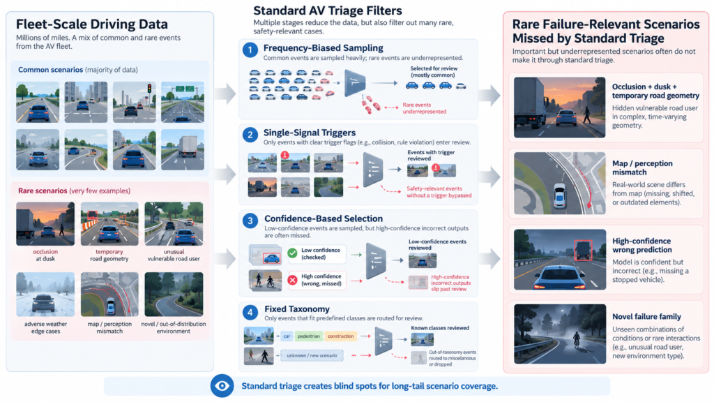 Diagram showing how frequency-biased sampling, single-signal triggers, confidence-based selection, and fixed taxonomies can miss rare AV scenarios.