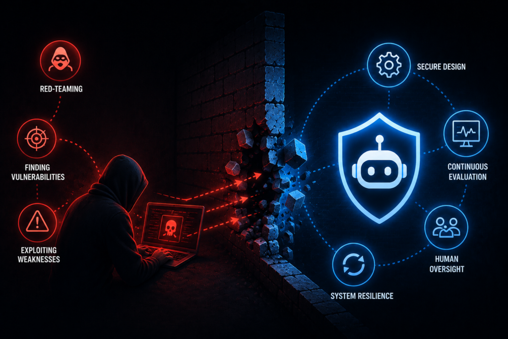 Cybersecurity red-teaming scene showing attacks against an AI system protected by a security shield.