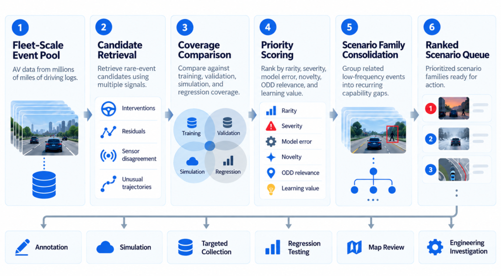 Rare-scenario prioritization framework for autonomous vehicle data, from fleet-scale event retrieval to ranked scenario queues and downstream actions.