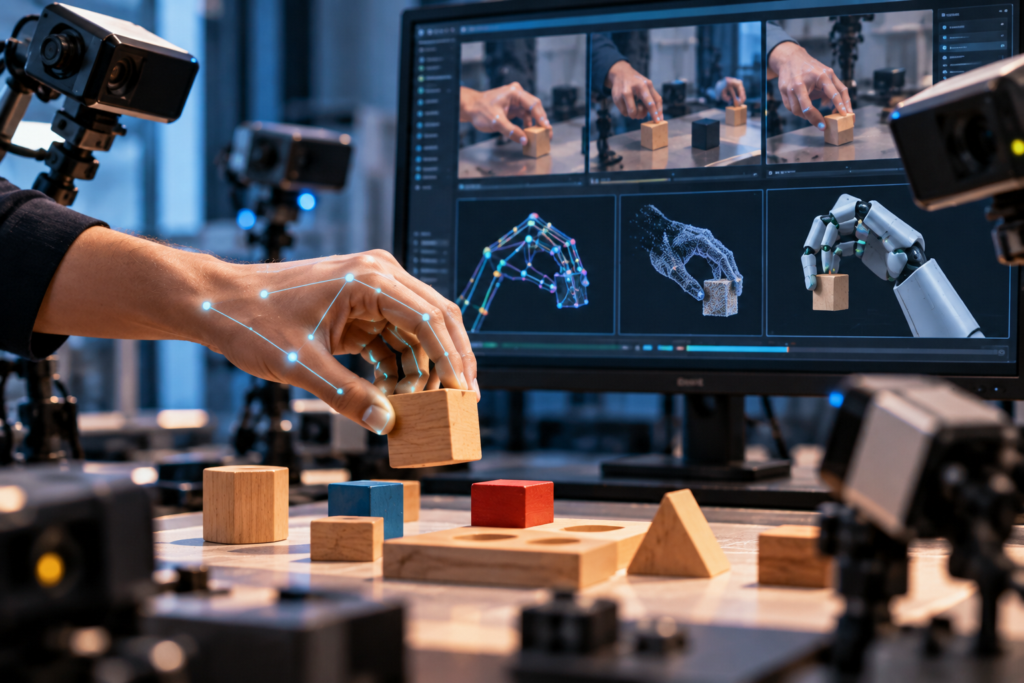 Human hand movement captured with cameras and hand-pose tracking for dexterous robot training data