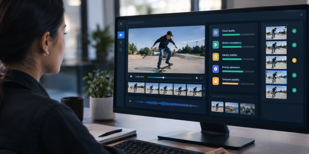 Professional reviewing AI-generated video with quality metrics