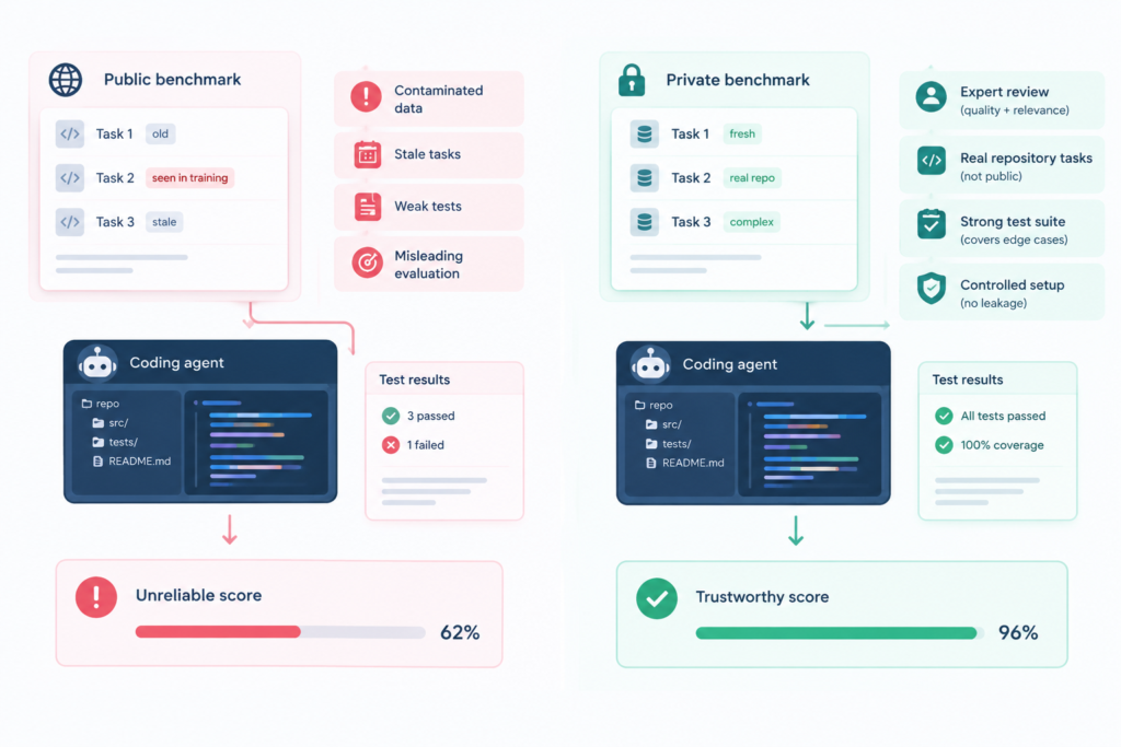 Unreliable public coding benchmarks vs private, expert-vetted benchmarks.
