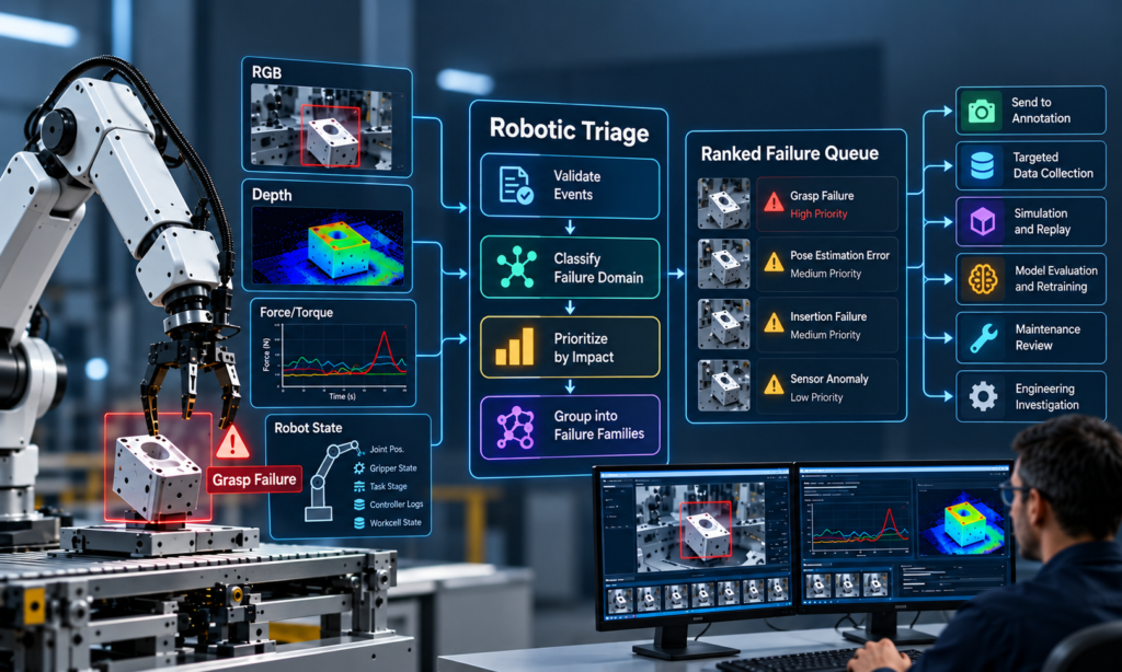 Robot triage workflow showing production failures grouped, prioritized, and routed for human review.