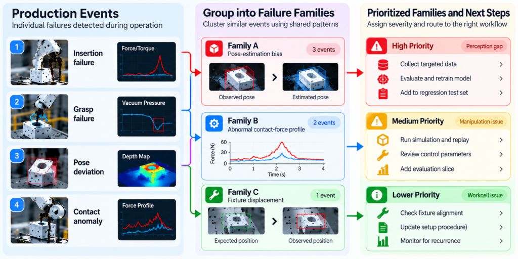 Robot triage workflow grouping failures for human review and model improvement.